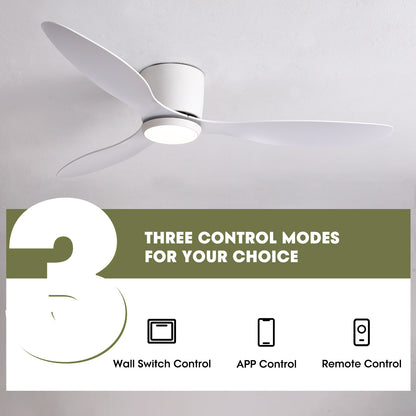 52 in. Smart Indoor Modern White Low Profile Ceiling Fans with Remote and Wall Control with Dimmable Integrated LED