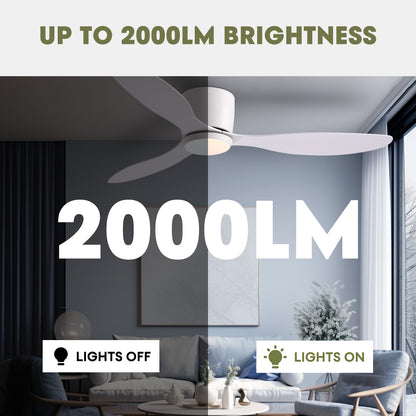 52 in. Smart Indoor Modern White Low Profile Ceiling Fans with Remote and Wall Control with Dimmable Integrated LED