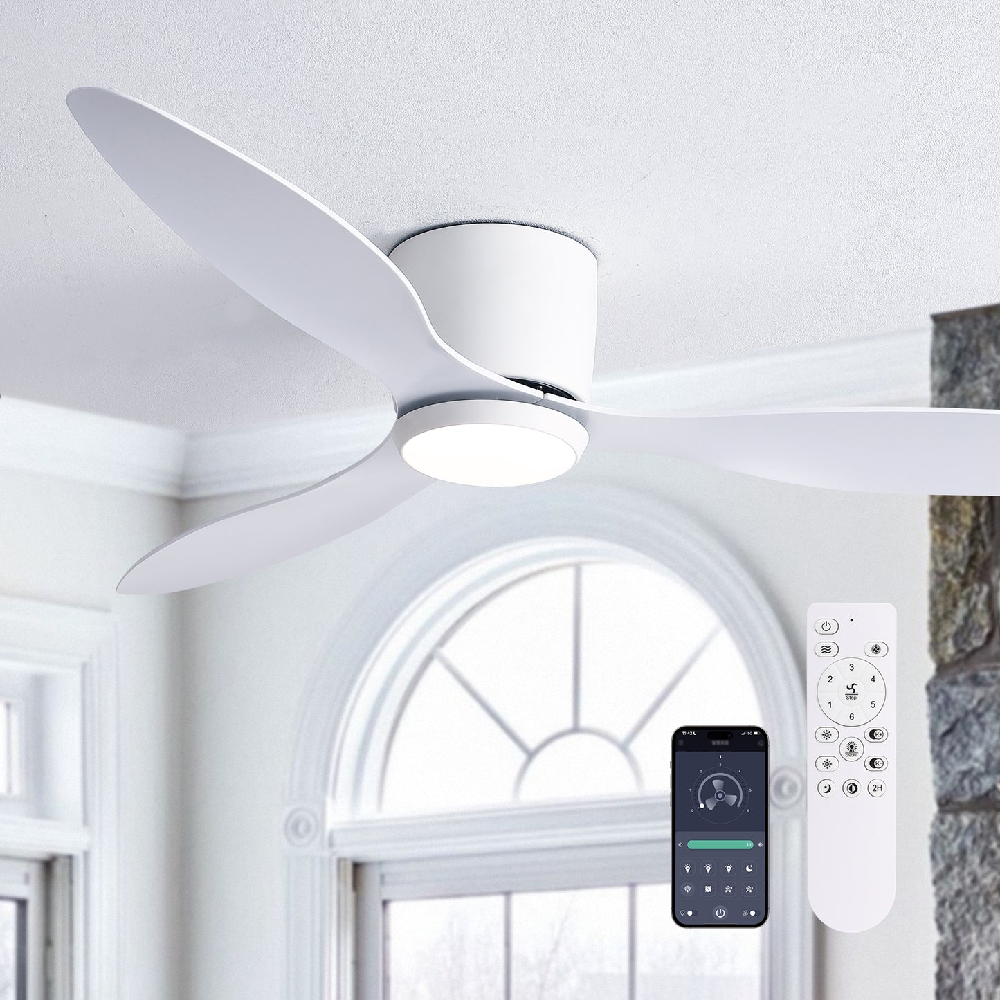 52 in. Smart Indoor Modern White Low Profile Ceiling Fans with Remote and Wall Control with Dimmable Integrated LED